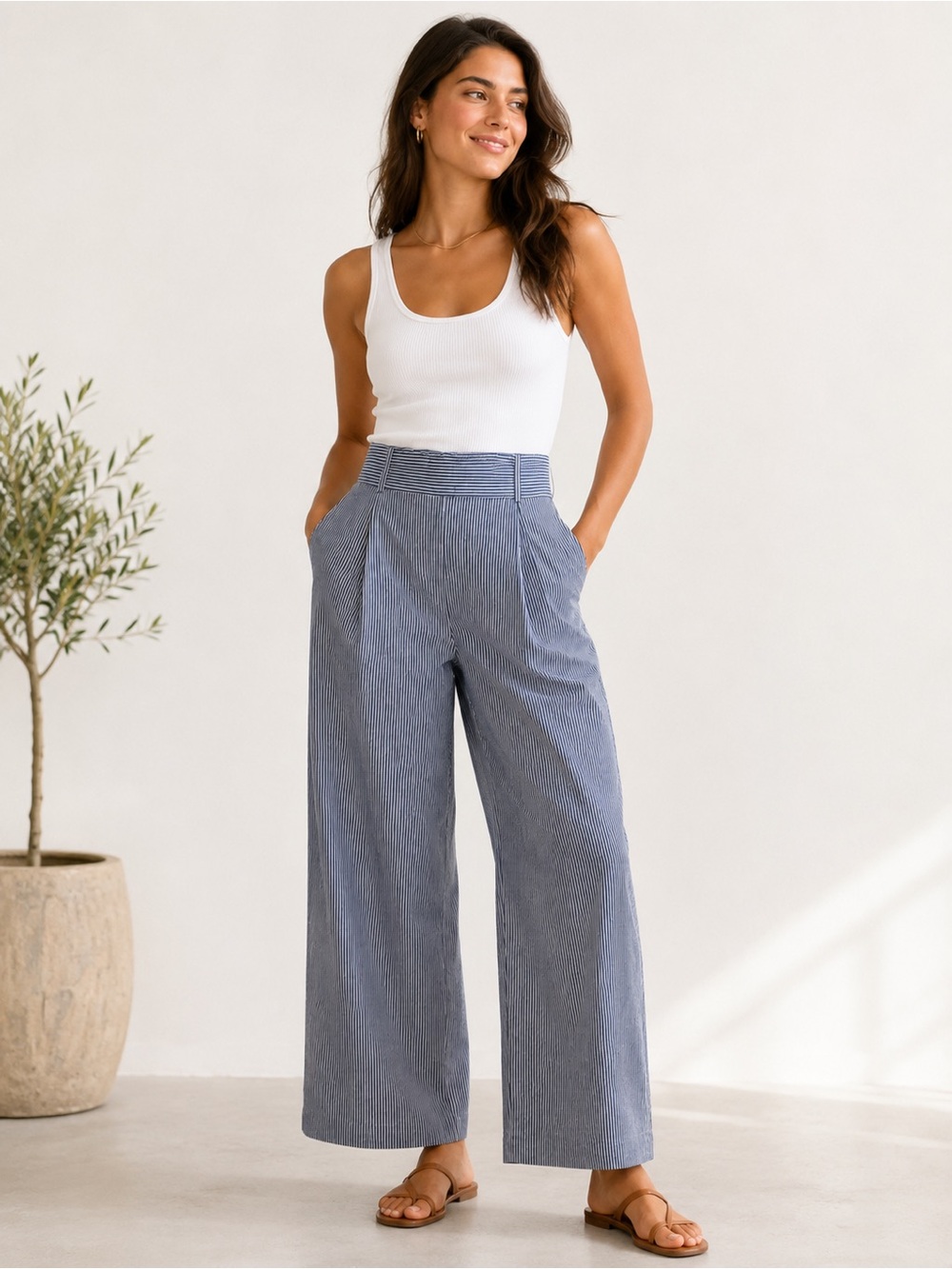 Two Danes Copenhagen NWT Striped Cotton Wide Leg Pants Navy White L